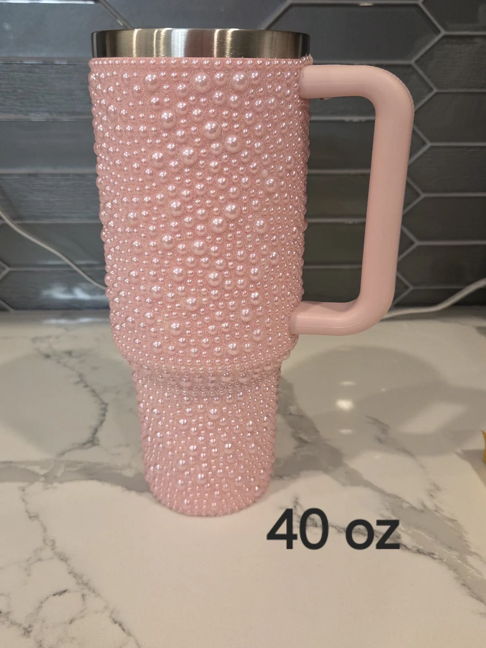 NEW Custom Bling Glam Pink Pearl 40 oz Tumbler Handle Insulated Travel Mug